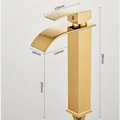 Modern gold waterfall basin faucet with a sleek rectangular spout and handle decorbites gold waterfall basin faucet
