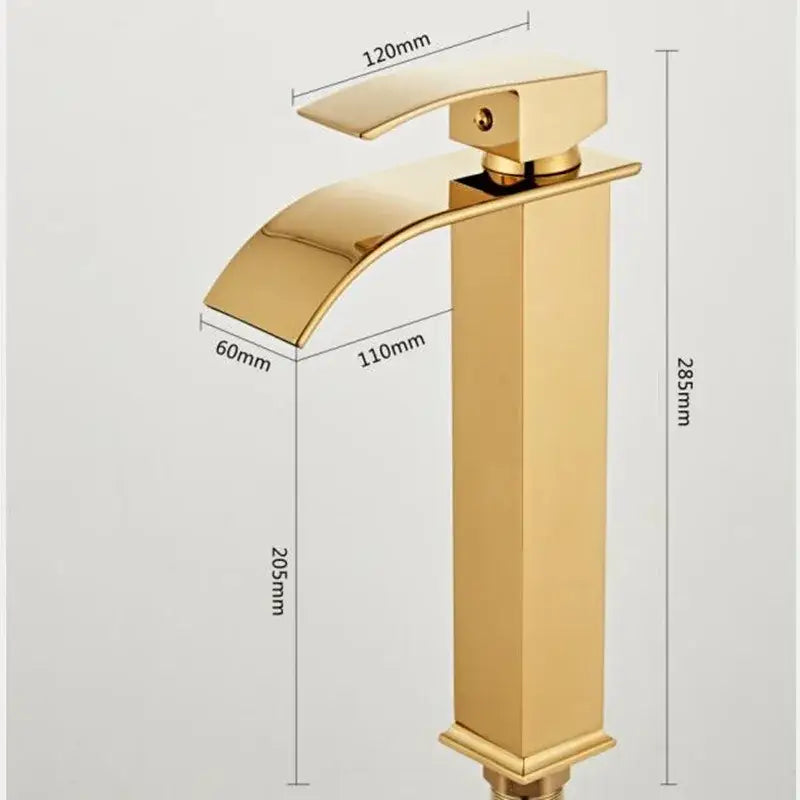 Modern gold waterfall basin faucet with a sleek rectangular spout and handle decorbites gold waterfall basin faucet