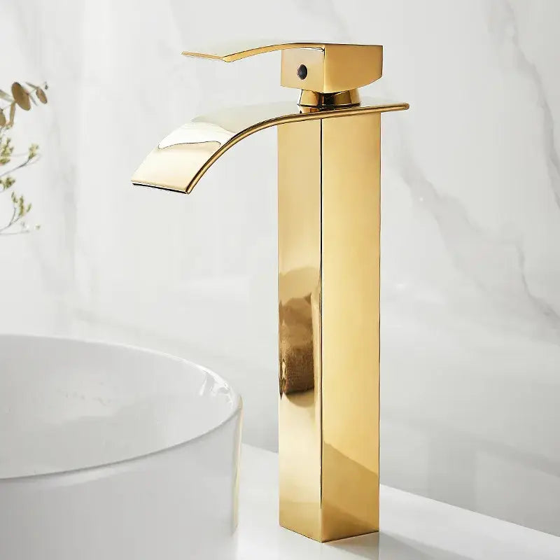 Modern gold waterfall basin faucet with sleek rectangular design and polished brass finish for bathroom sink decorbites gold waterfall