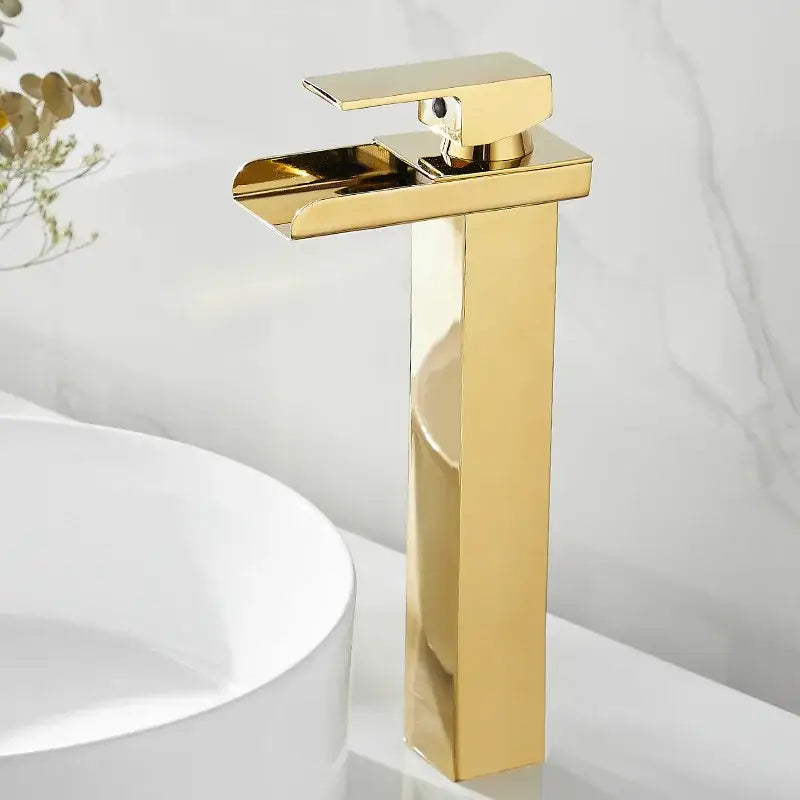 Modern gold waterfall basin faucet with gold-toned rectangular design and polished metallic finish for bathroom decorbites gold waterfall