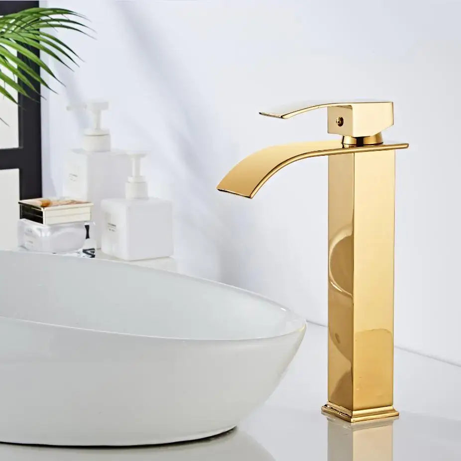 Modern gold waterfall basin faucet with sleek rectangular spout and handle for bathroom sink decorbites gold waterfall design