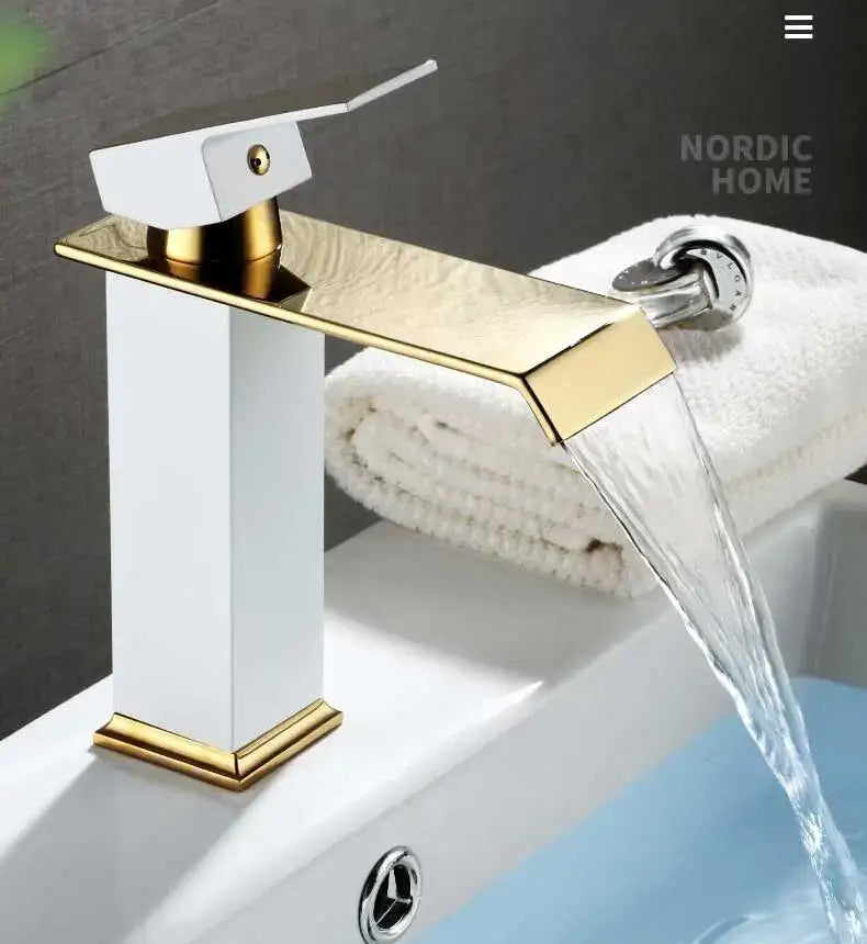 Modern gold waterfall basin faucet with white and gold finish and sleek design for bathroom sink decorbites gold waterfall