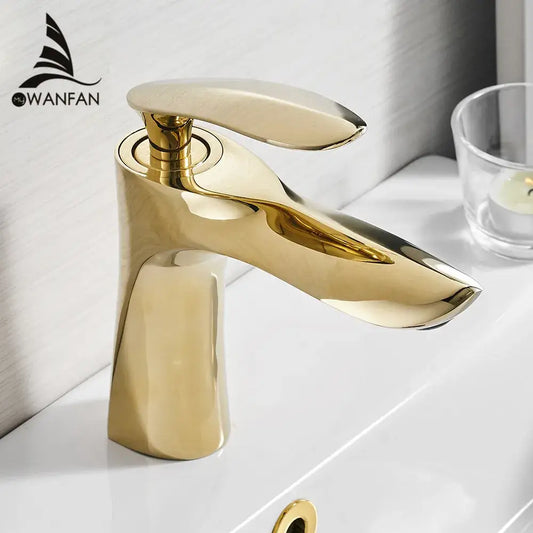 Modern gold waterfall bathroom faucet single handle basin tap with gold-finished sleek curved design decorbites gold waterfall
