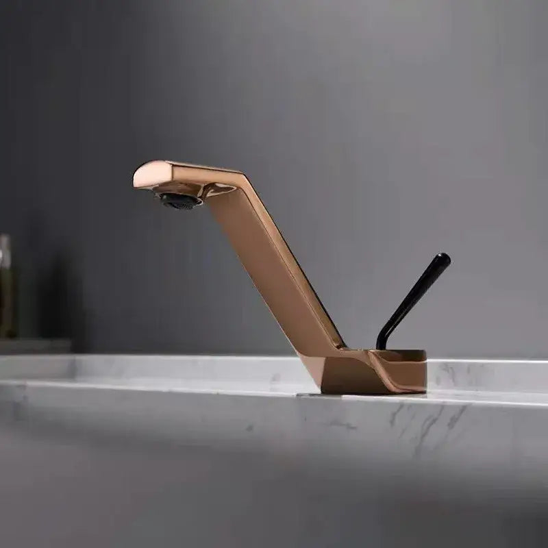 Modern rose gold basin faucet with sleek angular design and black handle for decorbites black basin faucet setup
