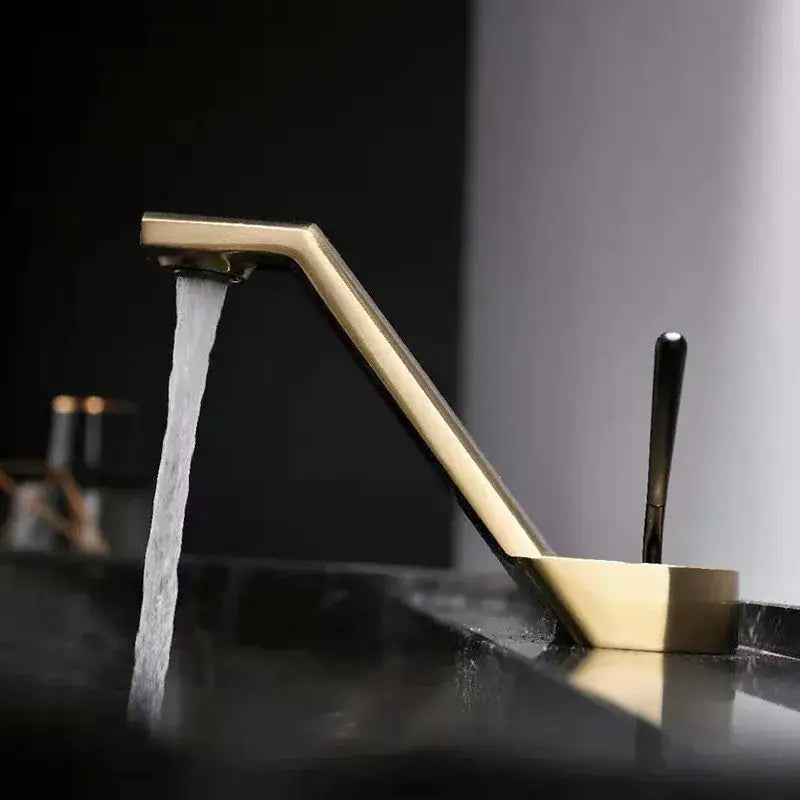 Modern gold waterfall black basin faucet with sleek angular design and flowing water stream for bathroom mixer tap decorbites black basin faucet