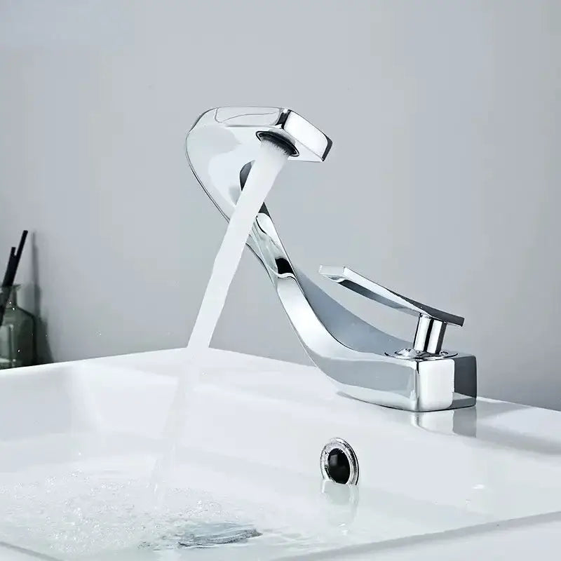 Modern gold brass basin faucet with chrome finish curved waterfall spout and single lever handle for bathroom sink tap