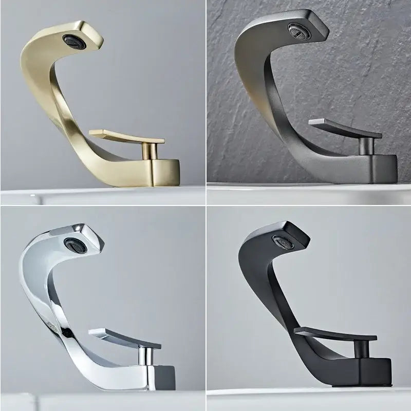 Modern gold waterfall brass basin faucet with curved design in brushed brass satin nickel chrome or matte black finish