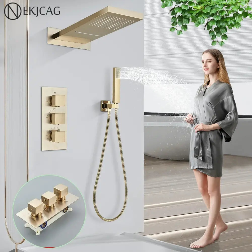 Modern gold waterfall shower faucet set with rectangular gold-finished shower head handheld spray and control panel wall mounted