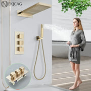 Modern gold waterfall shower faucet set with rectangular gold-finished shower head handheld spray and control panel wall mounted