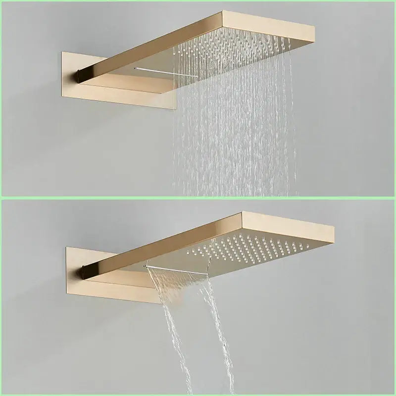 Modern gold-toned shower faucet set with rectangular shower head and dual spray modes for wall-mounted bathroom use