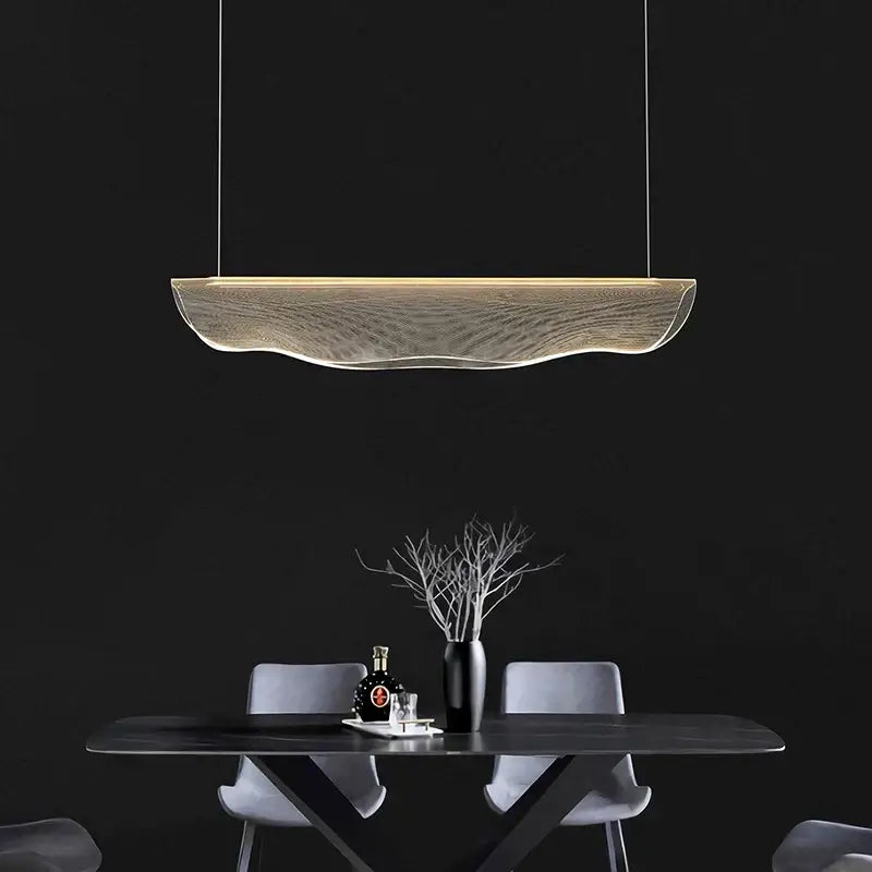 Modern gold wave mesh pendant light with illuminated wooden texture finish for decorbites dining room lighting