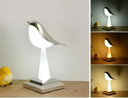 Silver bird table lamp with sleek metallic finish and illuminated body for modern gold and white bird table decorbites desk light