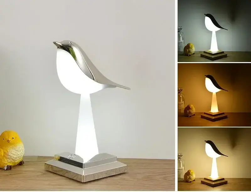 Silver bird table lamp with sleek metallic finish and illuminated body for modern gold and white bird table decorbites desk light