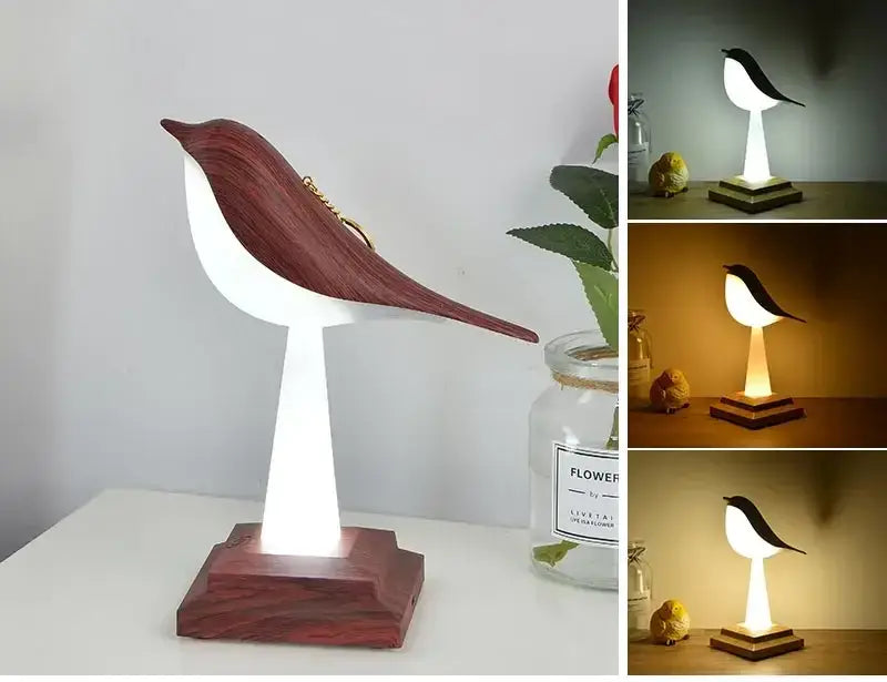 Modern gold and white bird table lamp desk light with mahogany wings and warm ambient illuminated base for decorbites bird table