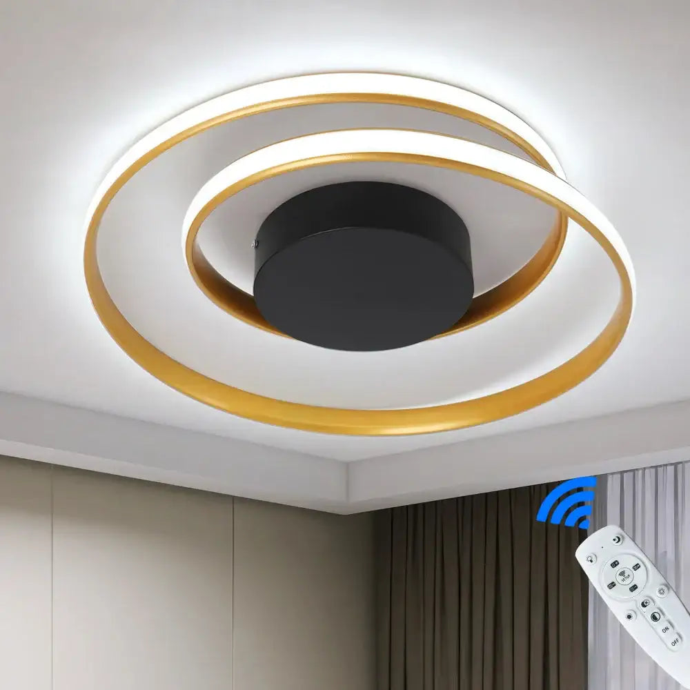 Modern gold and white dimmable led ceiling lamp with two concentric rings and black base for contemporary decorbites decor