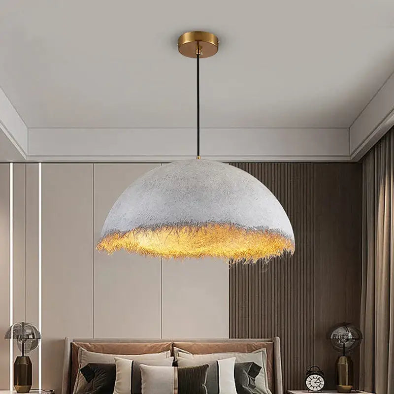 Modern gold white decorbites half nest pendant lamp with textured off-white and gold concrete dome shade for dining room