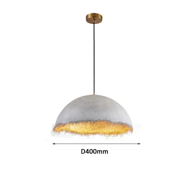 A modern concrete dome pendant lamp with textured gray finish and golden fringe trim for decorbites gold white half nest