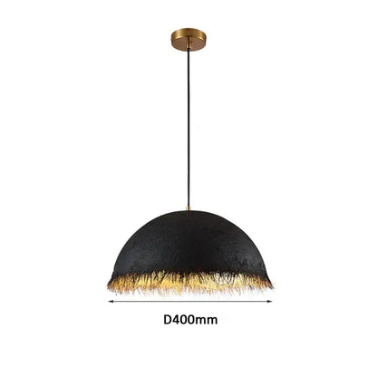 Black textured dome-shaped pendant lamp with gold fringe and brass mount for modern gold white half nest decorbites