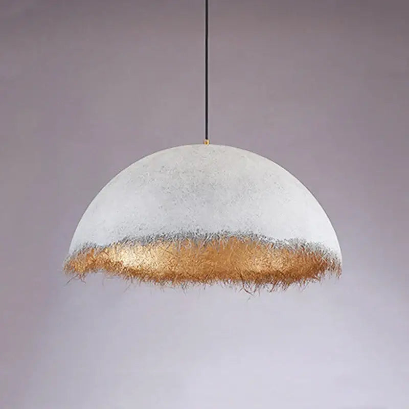 Modern gold white half nest pendant lamp with textured white dome and golden fibrous edge for dining room decorbites gold white