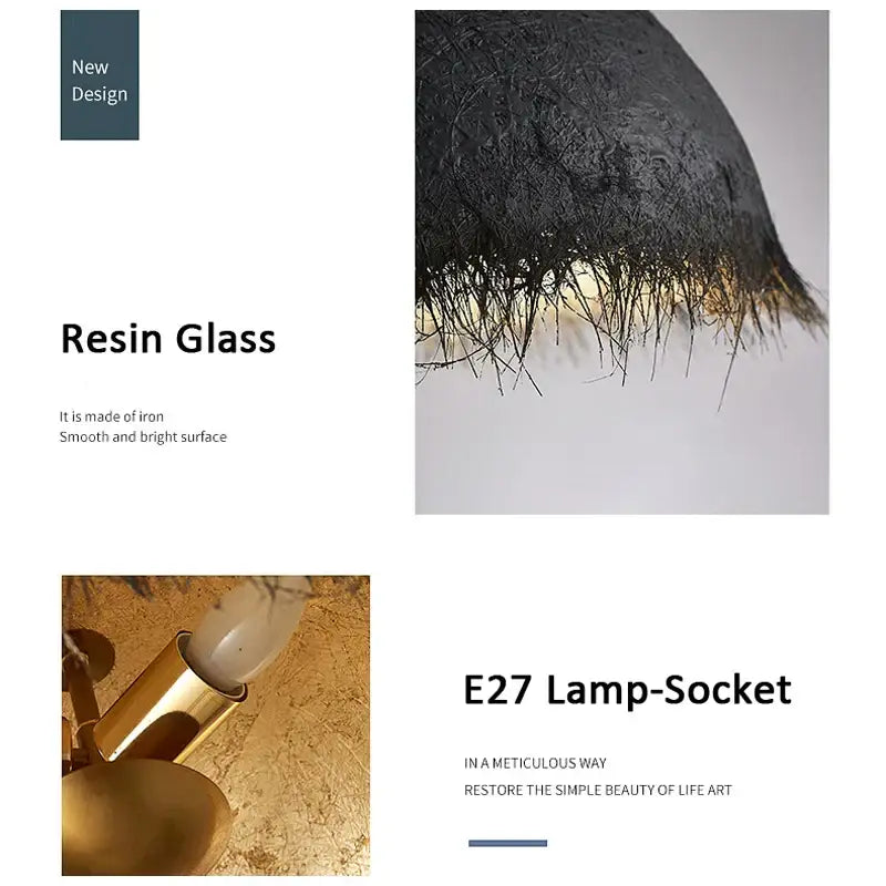 Black resin glass pendant lamp with textured fibrous fringe detail for decorbites gold white half nest collection