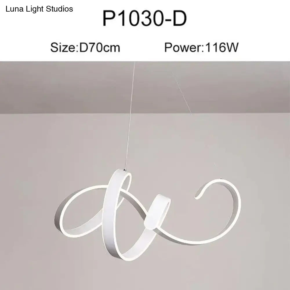 White modern led pendant lights with a sleek flowing spiral design ideal for dining room lighting fixtures