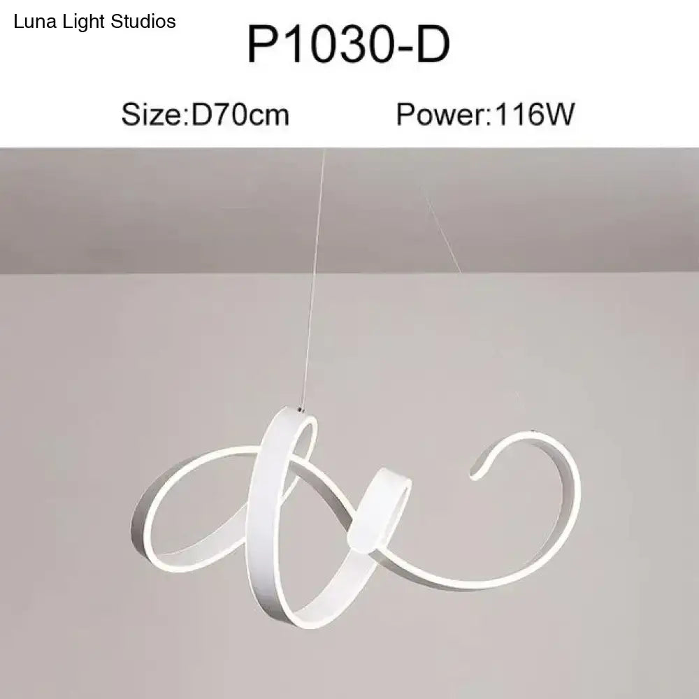 White modern led pendant lights with sleek curved design for dining room featuring gold and white accents