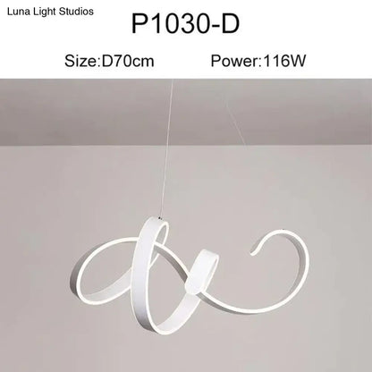 White modern led pendant lights with a sleek flowing spiral design for dining room use in gold and white finishes
