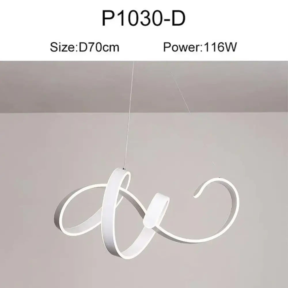 White modern led pendant lights with sleek abstract cursive design for dining room gold and white finish