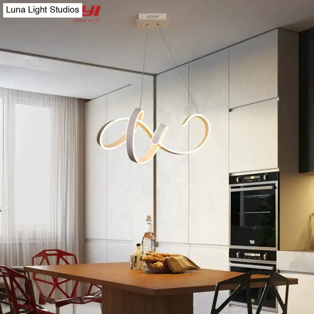 Modern gold and white led pendant lights with intertwined infinity-loop rings for dining room pendant lights