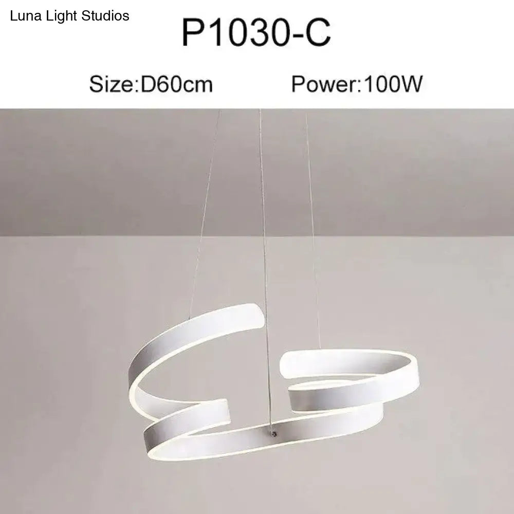 Modern gold and white led pendant lights featuring sleek interlocking ring design for dining room illumination