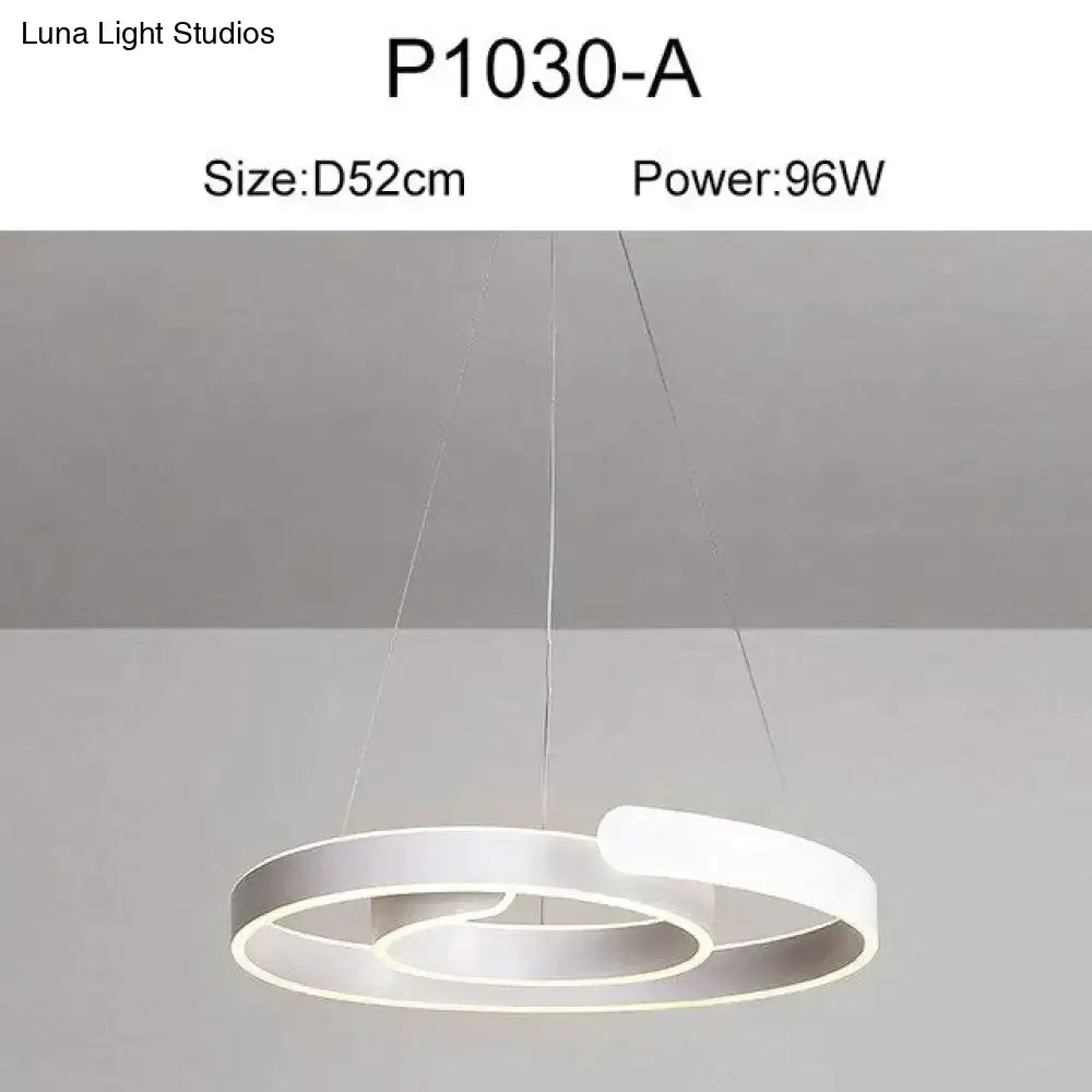 Modern led pendant light featuring two concentric rings in white and silver metallic finish for dining room lighting