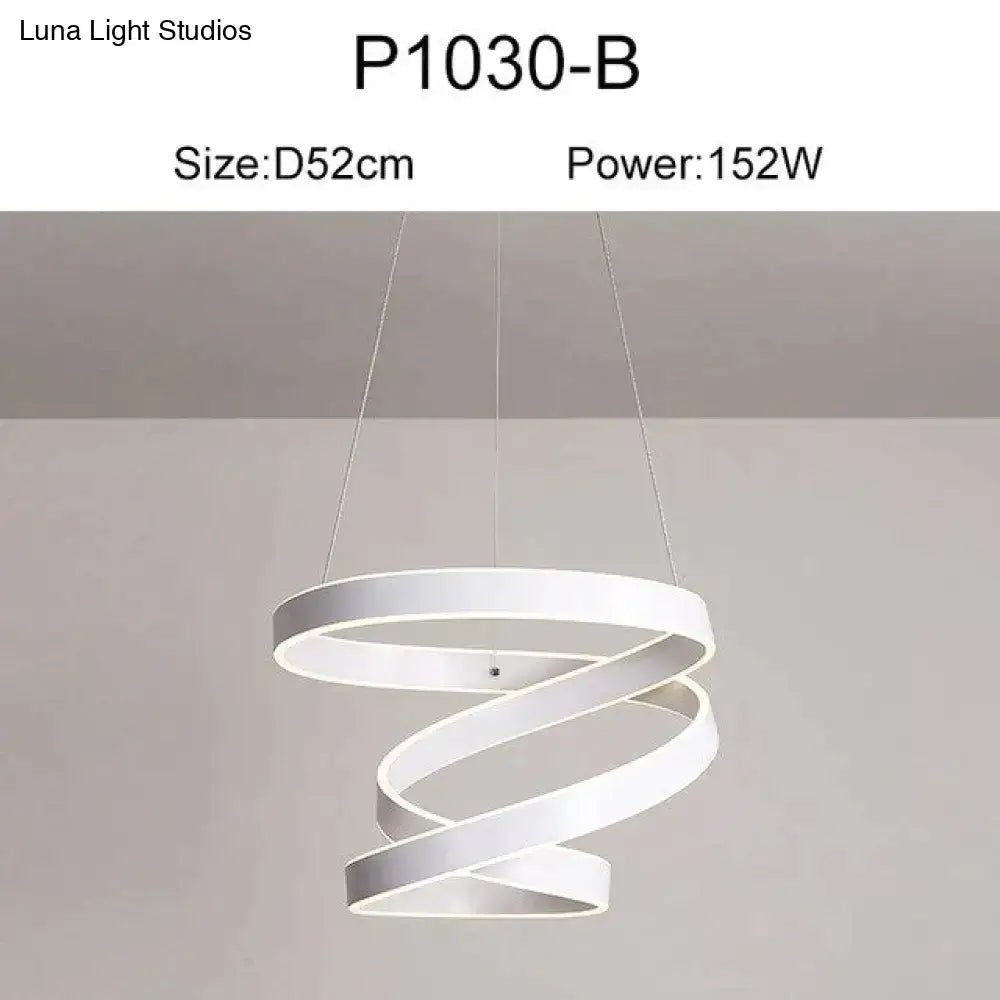 Modern gold and white led pendant lights featuring a sleek white spiral design with interlocking rings for dining room