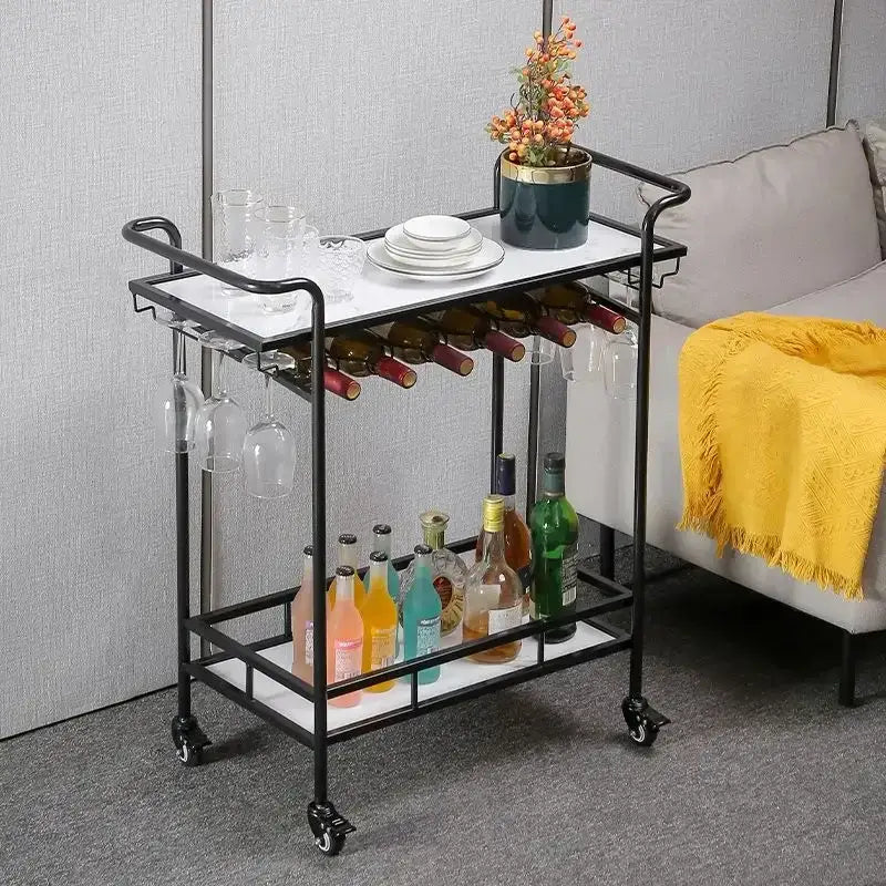 Black metal bar cart with white shelves and wheels featuring a wine rack holding red wine bottles drinks trolley