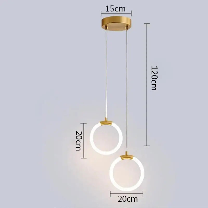 Modern gold and white pendant lights with two circular illuminated rings suspended for living room decorbites gold pendant