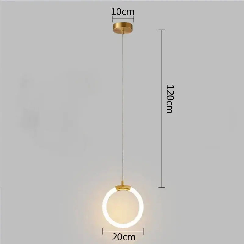 A modern gold pendant light with a circular metal frame and illuminated ring for living room decorbites pendant lights