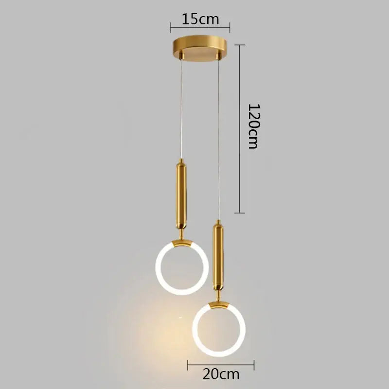Modern gold and white pendant lights featuring gold-finished circular led rings suspended by rods measuring 120cm tall