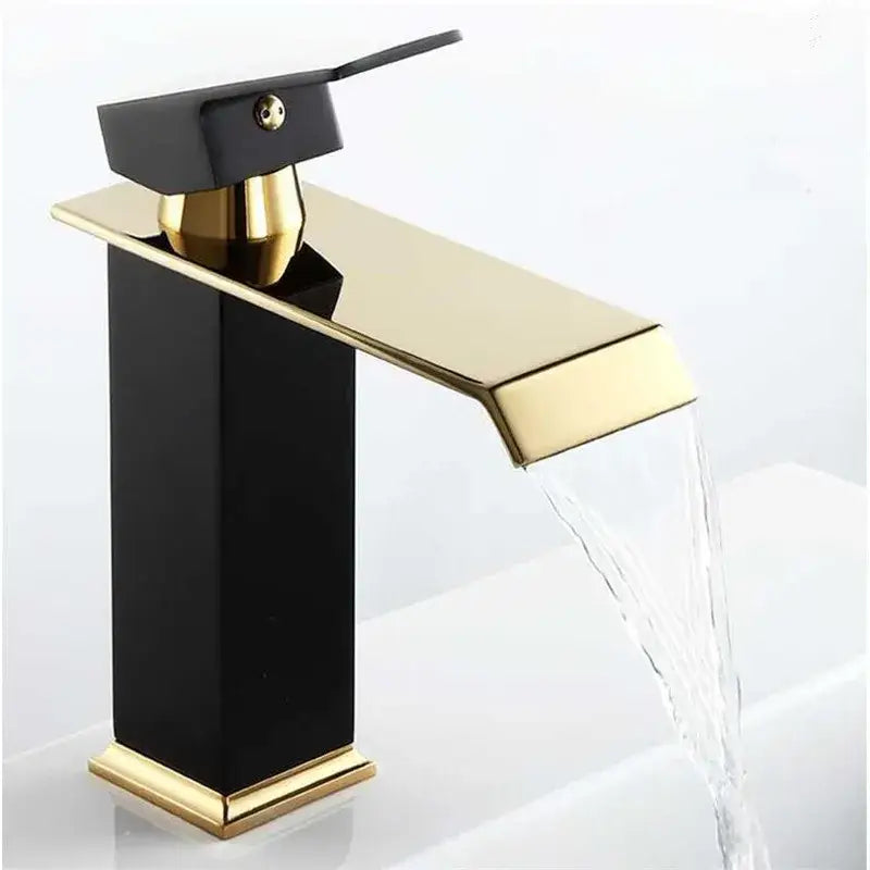 Modern gold and white waterfall basin faucet in black and gold with sleek design for bathroom sink decorbites gold white