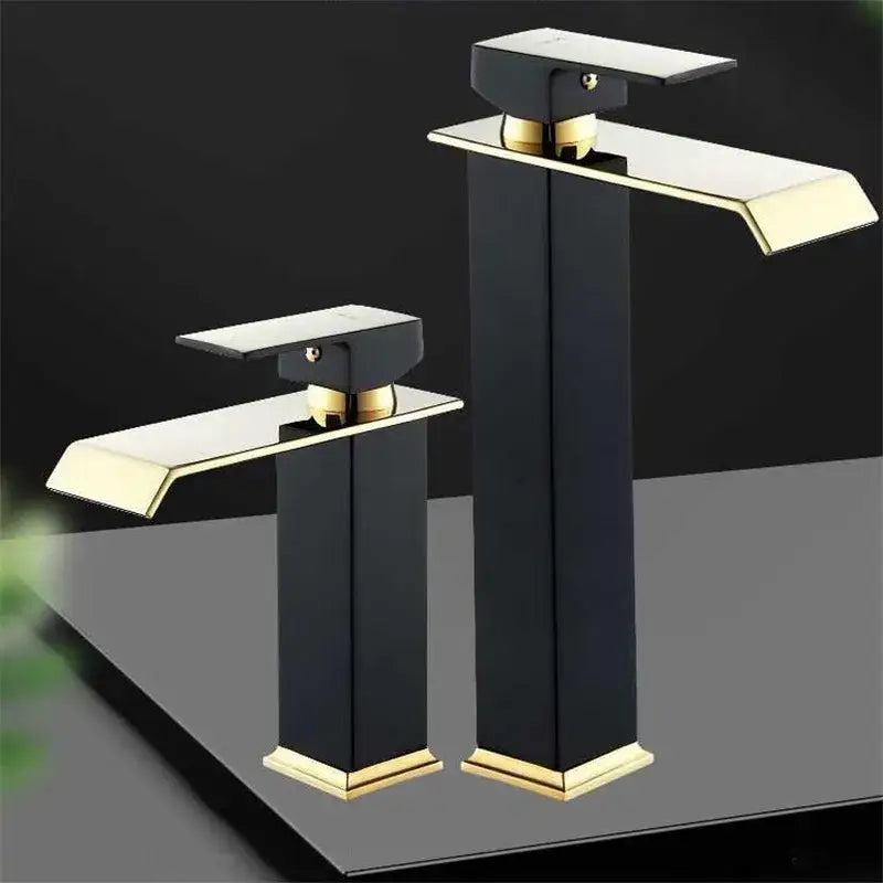 Modern gold white waterfall basin faucet with sleek black and gold rectangular design for bathroom decorbites gold white style