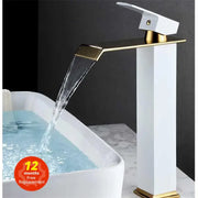 Modern gold white waterfall basin faucet with a sleek white and gold finish and elegant rectangular spout cascading water