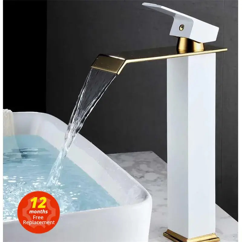 Modern gold white waterfall basin faucet with a sleek white and gold finish and elegant rectangular spout cascading water