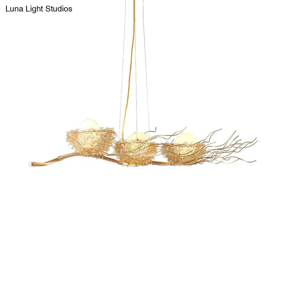 Decorbites gold wire mesh bird nest chandelier with three woven mesh bird nests and glowing orbs for island lighting