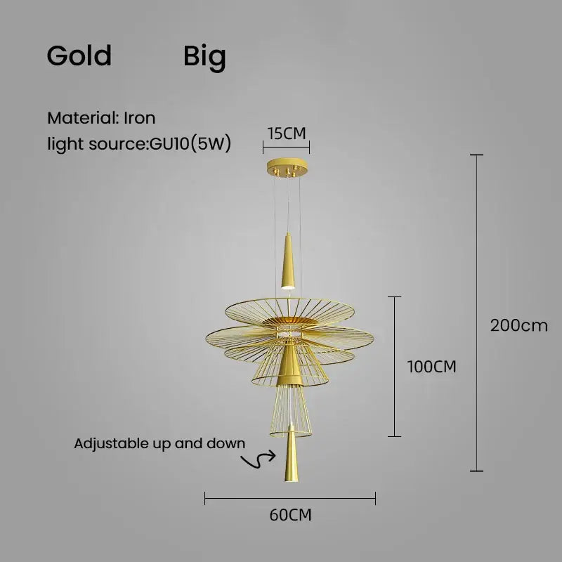 Modern gold iron gravity suspension lamp with tiered concentric wireframe and hanging cone-shaped elements chandelier