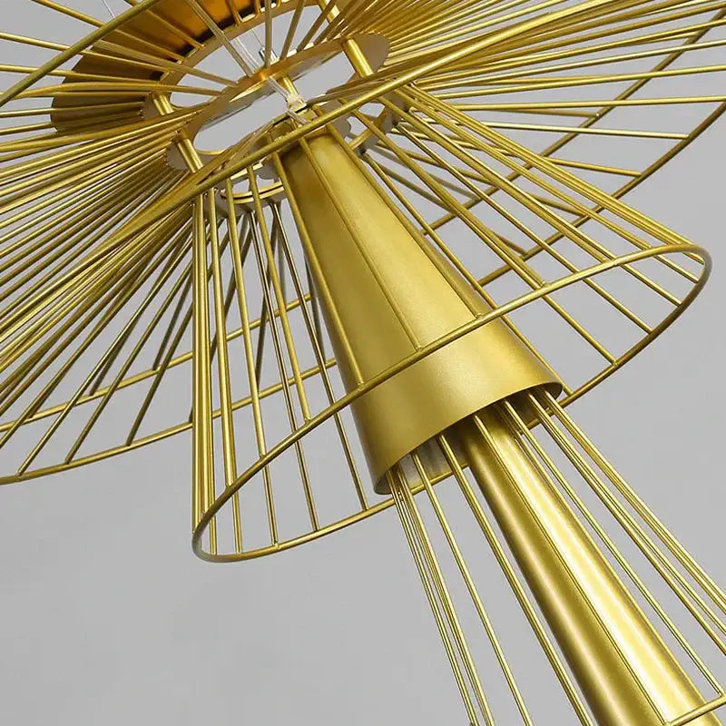 Modern gold wireframe gravity suspension lamp with sunburst design and concentric circular frames for dining room chandelier