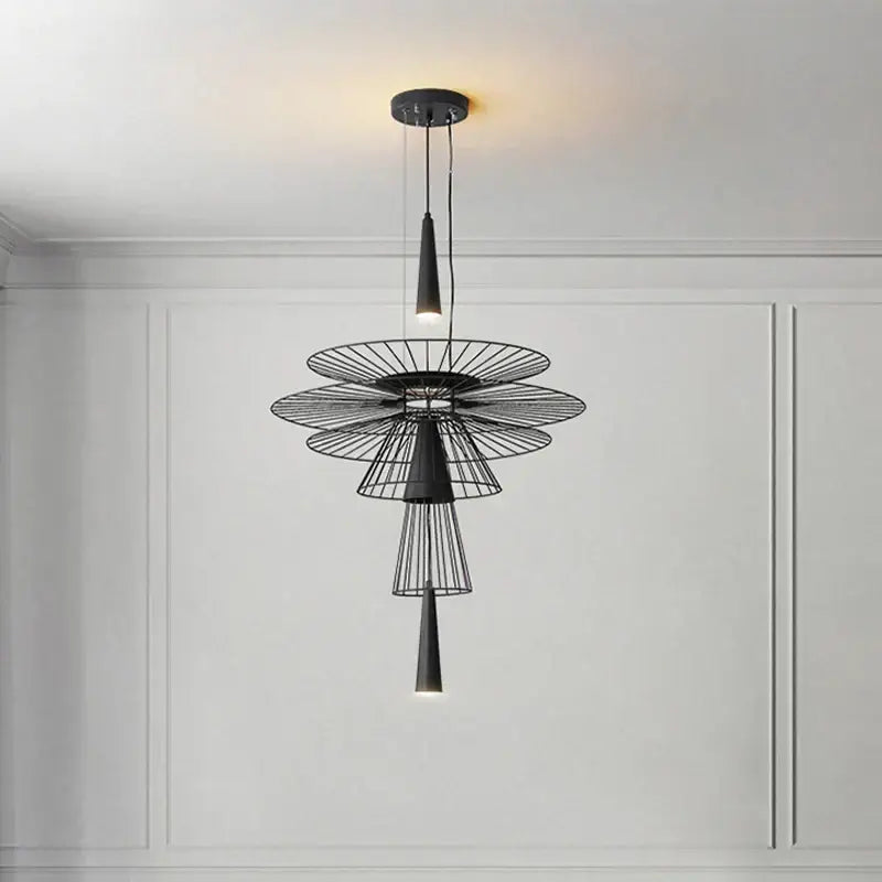 Modern black metal gravity suspension lamp chandelier with tiered wireframe petals and conical light fixtures for dining room