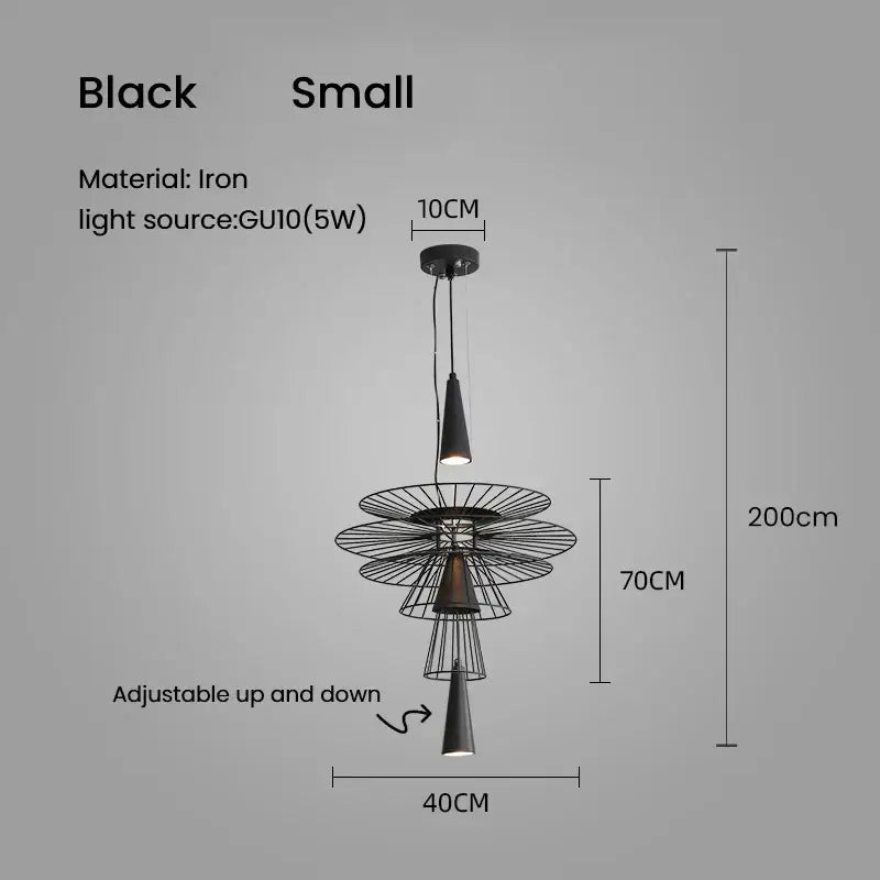 Modern gold wireframe gravity suspension lamp featuring a black iron tiered pendant with gu10 bulb for dining room use