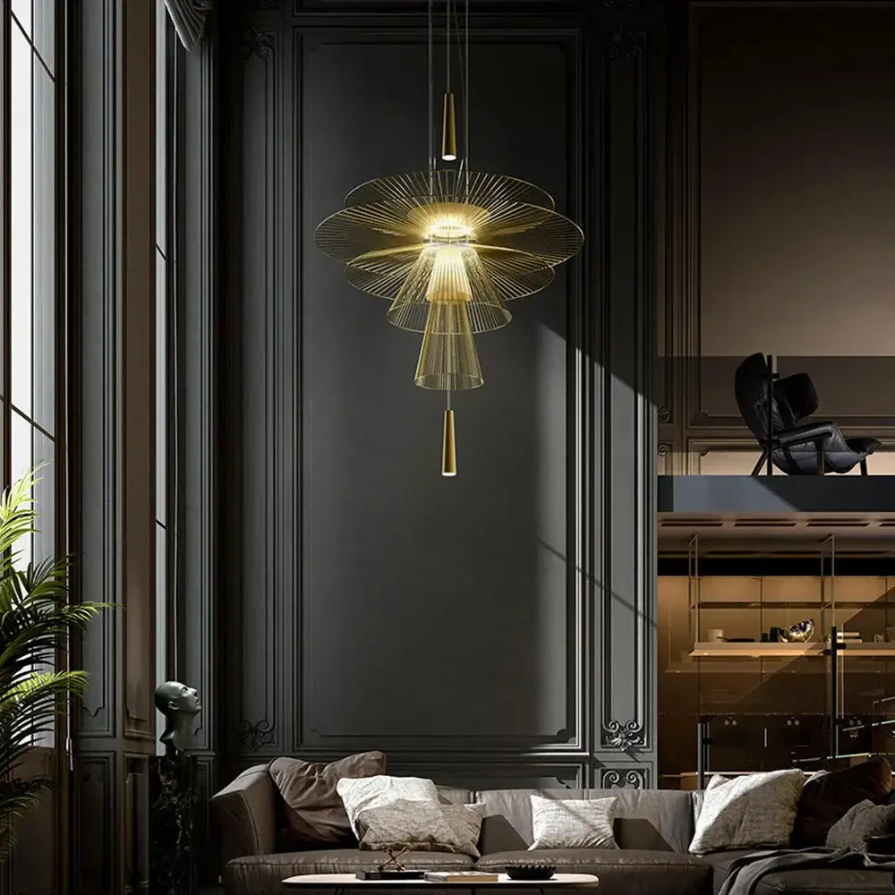 Modern gold wireframe gravity suspension lamp with multi-tiered fan design and slender hanging rods for dining room use