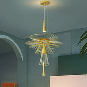 Modern gold wireframe gravity suspension lamp with layered petal design and conical accents for dining room chandelier