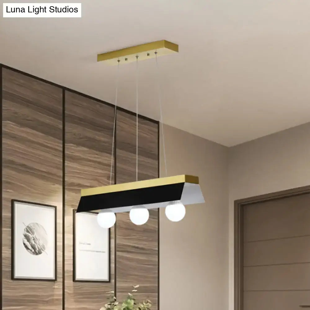 Modern rectangular pendant light with gold metal frame black white shade housing three led incandescent fluorescent bulbs for restaurants