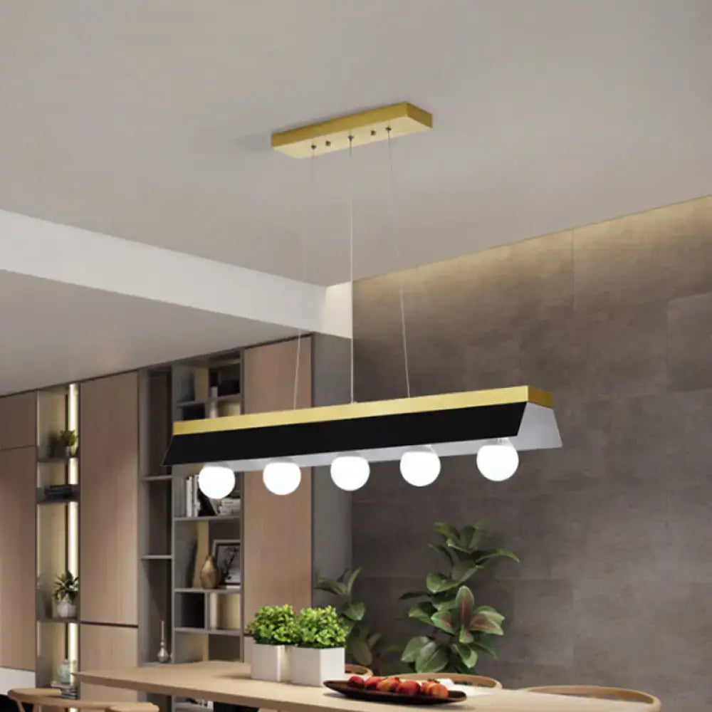 Modern rectangular pendant light with sleek black and gold finish five white shade bulbs for restaurant use