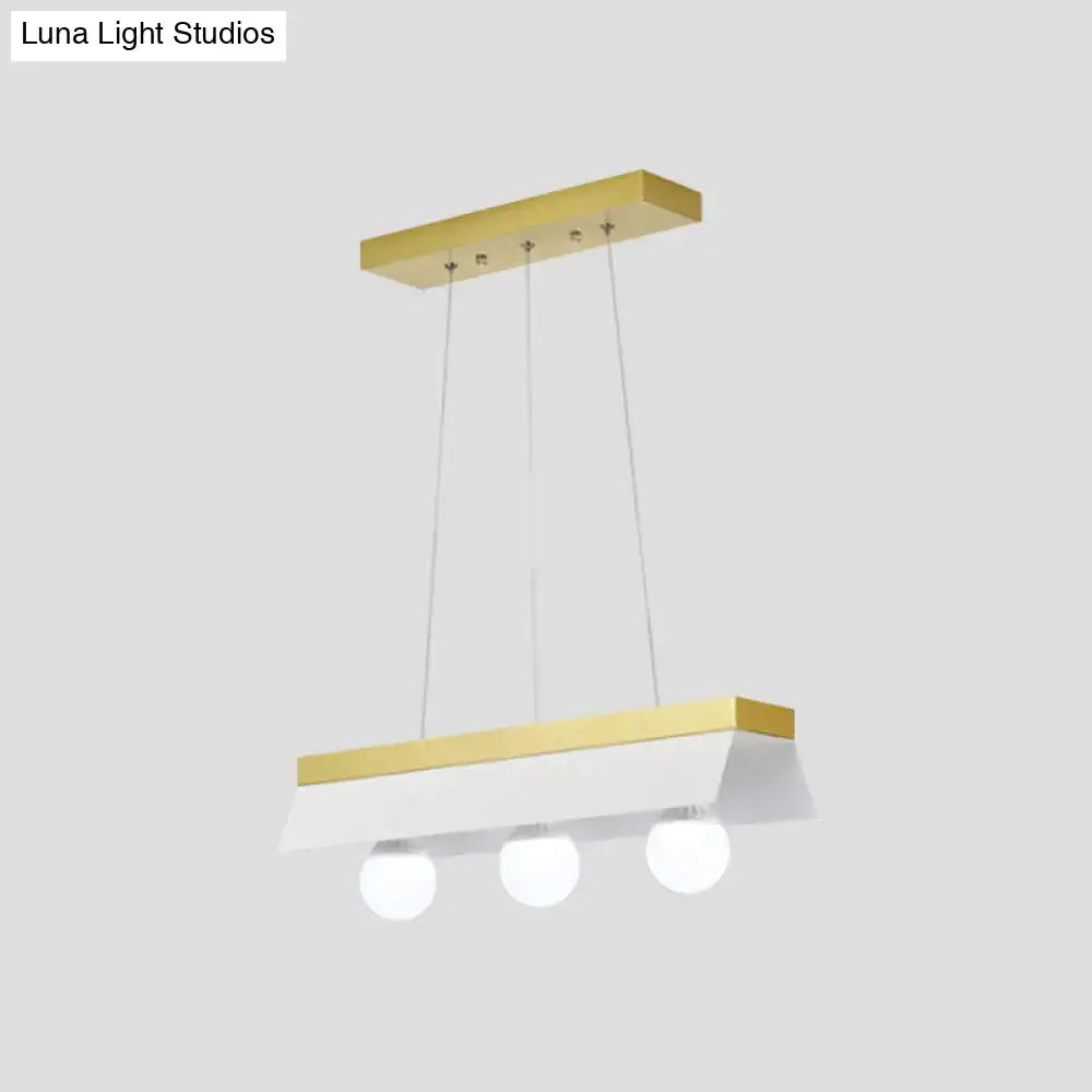 Decorbites™ modern wood island billiard light with black white shade and gold metal accents housing three spherical bulbs